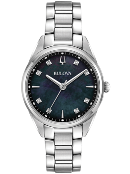 Bulova Damenarmbanduhr mit dunklem Zifferblatt, quadratische Markierungen, Metallgliederarmband.