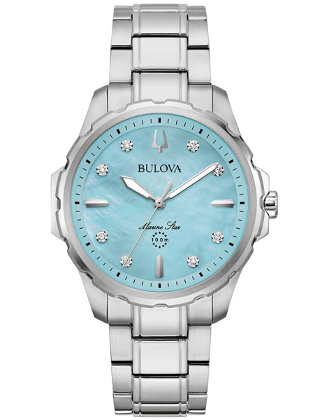 Bulova Damenarmbanduhr mit hellblauem Zifferblatt, steinartigen Indizes, wasserdicht bis 100m.