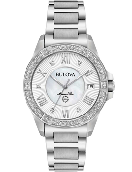 Bulova 96R232 Uhr, diamantbesetzte Lünette, römische Ziffern, Datumsanzeige, silbernes Armband.