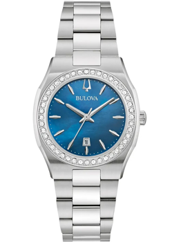 Silberne Damenarmbanduhr mit blauem Zifferblatt, Steinen am Rand und Datumsfenster bei 6 Uhr.