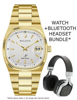 Goldene Bulova Armbanduhr mit Datumsanzeige, Bundle mit Bluetooth-Headset, Text "WATCH+BUNDLE".