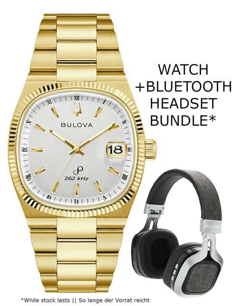 Goldene Bulova Armbanduhr mit Datumsanzeige, Bundle mit Bluetooth-Headset, Text "WATCH+BUNDLE".