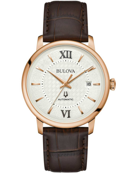 Goldene Uhr mit römischen Ziffern, Datum bei 3 Uhr, braunes Armband, Text "Bulova Automatic".