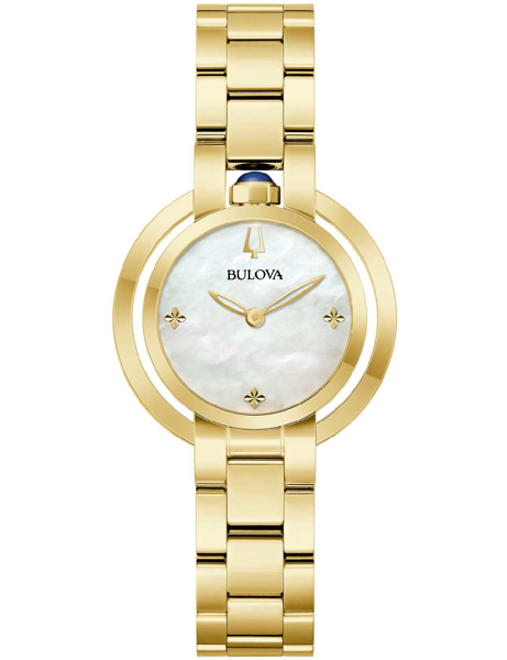 Goldene Bulova Damenarmbanduhr mit Perlmuttzifferblatt, goldenen Markierungen und blauer Verzierung.