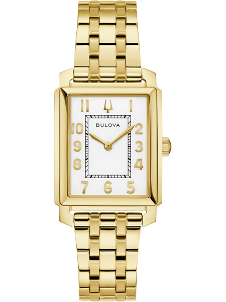 Rechteckige Bulova-Uhr mit weißem Zifferblatt, goldenen Zahlen und Gliederarmband in Goldoptik.