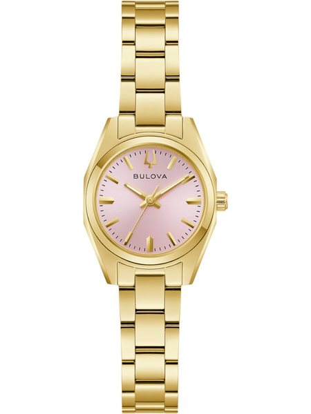 Runde, rosa Zifferblatt-Uhr mit Gliederarmband, Markenname "Bulova" sichtbar.