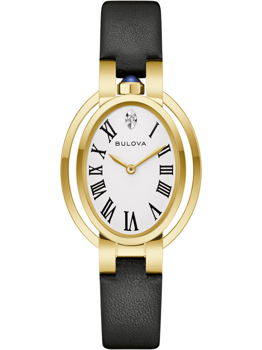 Goldgehäuse, römische Ziffern, schwarzes Lederarmband, blauer Cabochon auf der Krone.