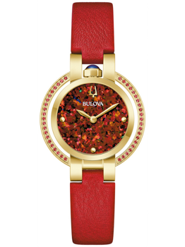 Buntes Herbst-Zifferblatt, rosa Steine am Gehäuserand, leuchtend rotes Armband.