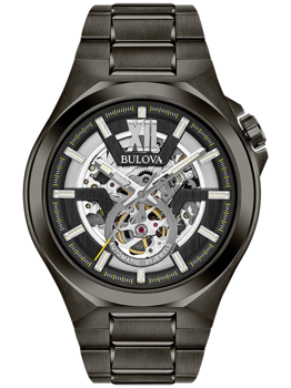 Herrenarmbanduhr mit skelettiertem Zifferblatt, Bulova-Logo und Metallarmband.