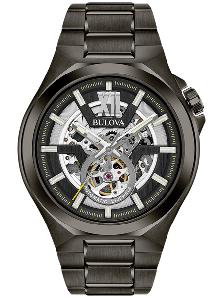 Herrenarmbanduhr mit skelettiertem Zifferblatt, Bulova-Logo und Metallarmband.
