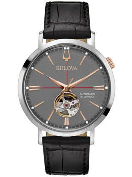 Offenes Zifferblatt, schwarzes Lederarmband, Text "Automatic" und "21 Jewels" sichtbar.