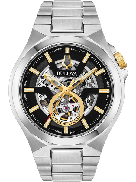 Bulova Uhr mit skelettiertem Zifferblatt, goldenen Akzenten und Text "Automatic 21 Jewels".