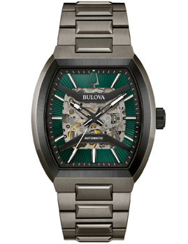 Bulova 98A321 Herrenarmbanduhr mit Open-Heart-Design, grünem Zifferblatt und Metallarmband.