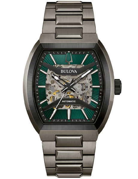 Bulova 98A321 Herrenarmbanduhr mit Open-Heart-Design, grünem Zifferblatt und Metallarmband.