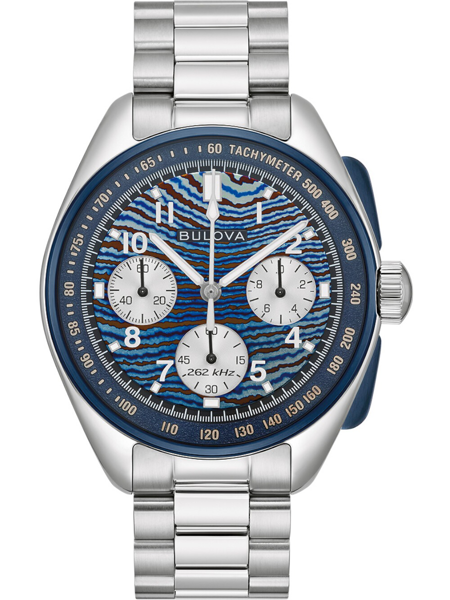 Herrenarmbanduhr mit blauem wellenförmigem Zifferblatt, drei Chronographen und Tachymeter.