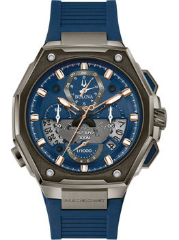 Blaue Bulova Uhr mit Hilfszifferblättern, Text "262 kHz" und "300M", strukturiertes blaues Armband.