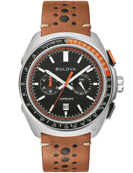 Bulova Herrenchronograph mit schwarzem Zifferblatt, Tachymeter-Lünette und braunem Lederarmband.