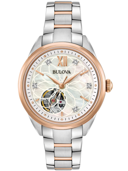 Zweifarbige Bulova Damenarmbanduhr, Zifferblatt mit offenem Uhrwerk, diamantähnliche Markierungen.