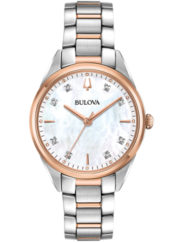 Zweifarbiges Armband, Perlmuttzifferblatt mit Diamantindizes, Bulova-Logo, roségoldene Akzente.