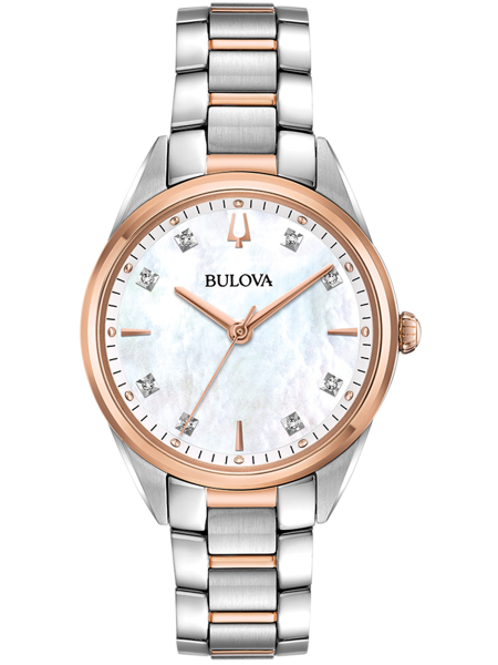 Zweifarbiges Armband, Perlmuttzifferblatt mit Diamantindizes, Bulova-Logo, roségoldene Akzente.