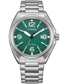 Silberne Citizen-Uhr mit grünem Zifferblatt, großen Zahlen, Datumsanzeige bei 3 Uhr, Eco-Drive.