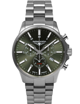 Rundes Zifferblatt mit Hilfszifferblättern und Datumsanzeige, Metallarmband mit Gliederstruktur.
