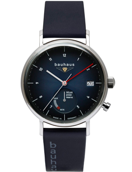 Bauhaus 2112-3 Uhr mit blauem Ziffernblatt, Datumsanzeige, Solaranzeige und blauem Armband.