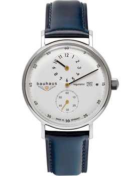 Bauhaus Herrenuhr, weißes Zifferblatt, Regulator, blaues Lederband, Automatikuhr.