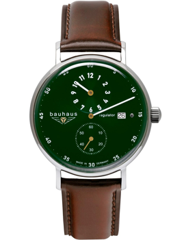 Bauhaus Herrenuhr mit grünem Zifferblatt, braunem Lederarmband und Edelstahlgehäuse.