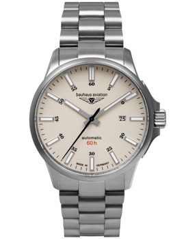 Cremefarbenes Zifferblatt, schwarze Indizes, Text "automatic 60h", Titanarmband.