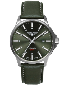 Grünes Zifferblatt mit "bauhaus aviation", 60h Gangreserve, Datumsanzeige, Titangehäuse.