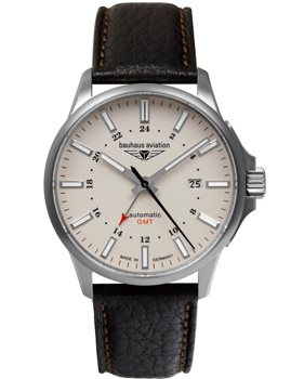 Bauhaus Aviation Herrenuhr, Titan, beiges Zifferblatt, GMT, Datum, schwarzes Lederarmband.