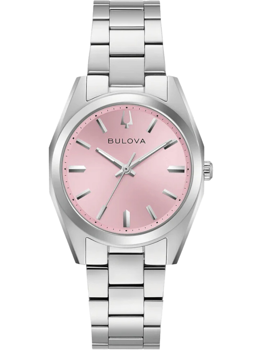 Runde, rosa Zifferblatt-Uhr mit Bulova-Logo, drei Zeigern, Indexen und Gliederarmband in Silber.