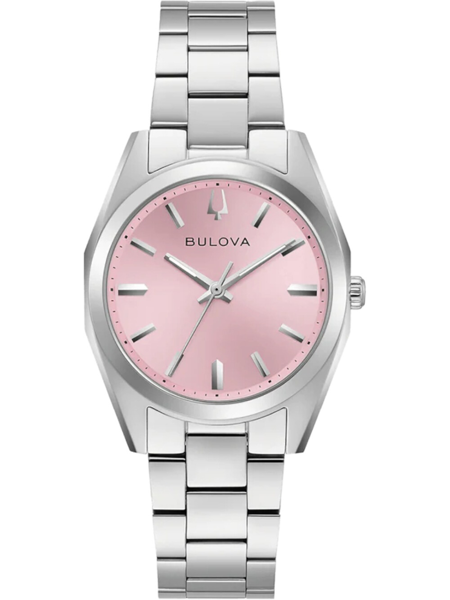 Runde, rosa Zifferblatt-Uhr mit Bulova-Logo, drei Zeigern, Indexen und Gliederarmband in Silber.