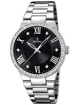 Festina Damenarmbanduhr mit schwarzem Zifferblatt, römischen Ziffern und Steinbesatz am Rand.