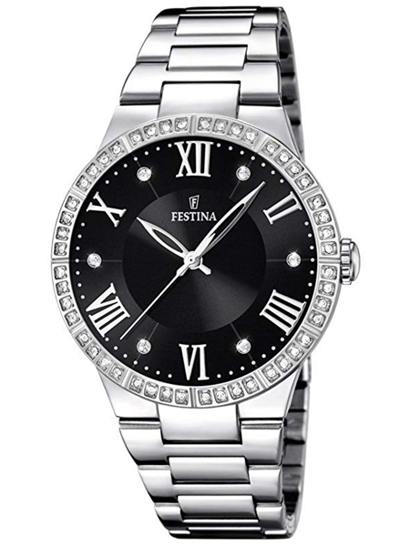 Festina Damenarmbanduhr mit schwarzem Zifferblatt, römischen Ziffern und Steinbesatz am Rand.