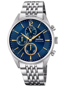 Elegante Festina-Uhr mit blauem Zifferblatt, goldenen Akzenten und drei kleinen Zifferblättern.
