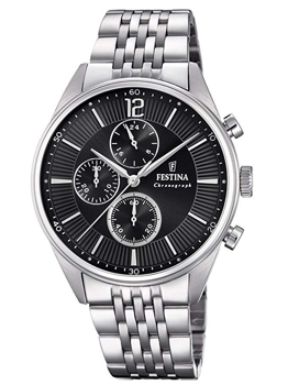 Schwarzes Zifferblatt mit drei Subzifferblättern, Festina-Logo, Metallarmband.