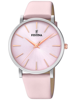Damenarmbanduhr mit rosa Lederband, silbernem Gehäuse und rosa Zifferblatt mit roségoldenen Details.
