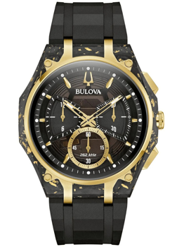 Bulova Herrenuhr, schwarzes Zifferblatt, goldene Akzente, Chronograph, Text "Bulova", "262 kHz".