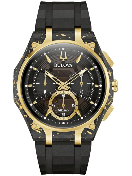 Bulova Herrenuhr, schwarzes Zifferblatt, goldene Akzente, Chronograph, Text "Bulova", "262 kHz".