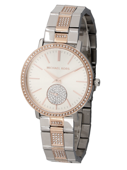 Runde Uhr mit zweifarbigem Metallarmband, Zifferblatt mit "Michael Kors", Steine an Lünette und Armband.