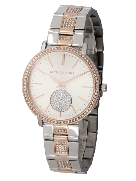 Runde Uhr mit zweifarbigem Metallarmband, Zifferblatt mit "Michael Kors", Steine an Lünette und Armband.
