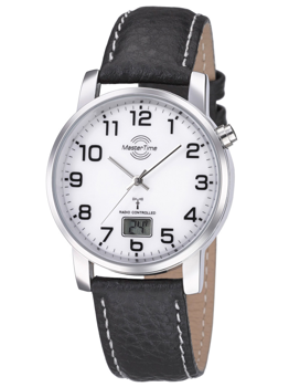 Analoge Uhr mit schwarzen Ziffern, digitalem Display bei 6 Uhr, schwarzem Lederarmband und silbernem Gehäuse.