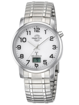 Runde Uhr, weißes Zifferblatt, schwarze Ziffern, Metallarmband, Digitalanzeige bei 6 Uhr.