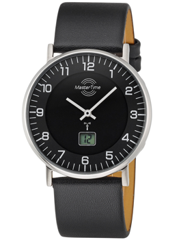 Armbanduhr mit schwarzem Zifferblatt, Lederarmband, Digitalanzeige bei 6 Uhr, arabische Ziffern.