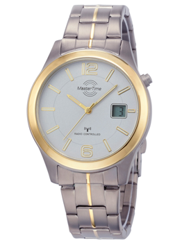 Silbernes Zifferblatt, goldene Akzente, digitales Datumsfenster bei 3 Uhr, goldene Bandakzente.