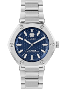 Silberne Damenarmbanduhr mit hexagonaler Lünette, blauem Zifferblatt und silbernen Markierungen.