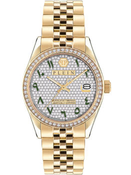 Philipp Plein Damenarmbanduhr, goldfarben, grüne Ziffern, Datum bei 3 Uhr, mit Steinen besetzt.