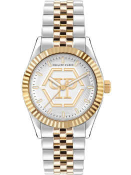 Zweifarbige Armbanduhr mit goldener Lünette, Philipp Plein Logo und goldenen Zeigern.